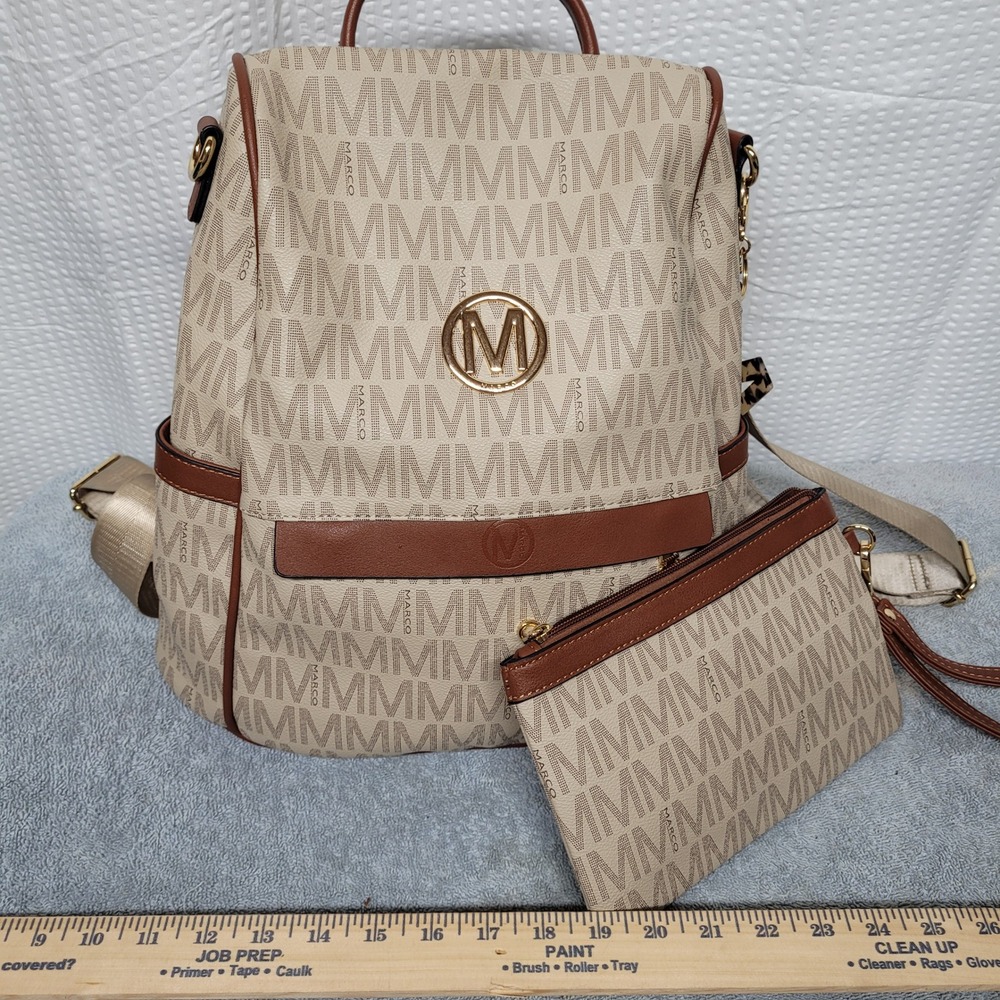 Marco M Monogram Backpack and Wristlet Set Beige Brown Gold Tone‎ Hardware